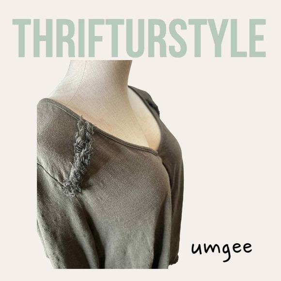 Umgee Tunic Top Olive Green Long Sleeve Fringed Hem Detail Casual Comfy - Picture 4 of 6